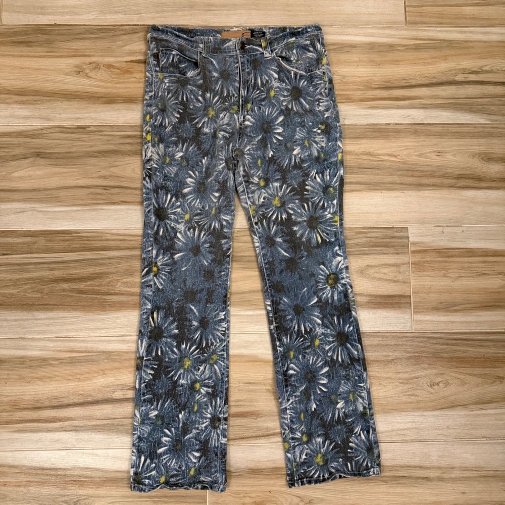 Y2K Crest Jeans Blue Floral Daisy Print Denim Straight Leg Pants Womens 16